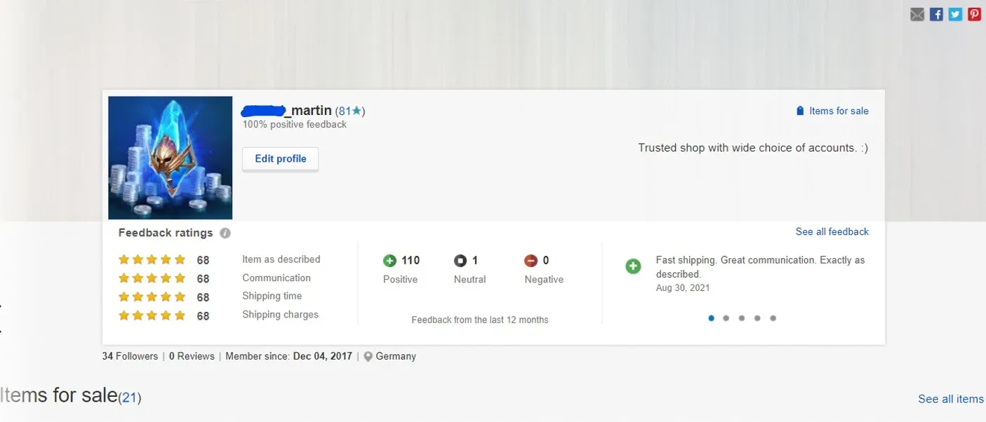 eBay seller profile showing 81-star rating, 100% positive feedback, 110 positive reviews, 1 neutral, 0 negative, member since Dec 04 2017 in Germany.